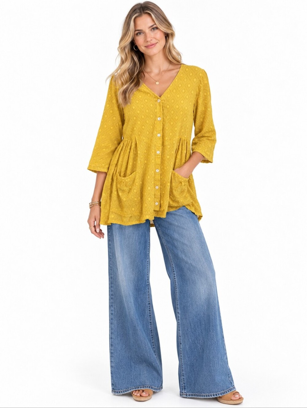 Gudrun Sjoden Marigold Yellow Organic Cotton Button Up Tunic Size XS Lagenlook